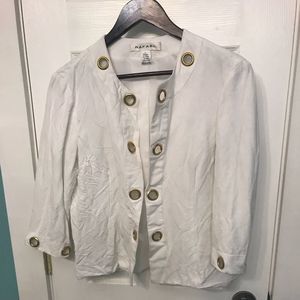 Rafael L linen blend white blazer with gold rings